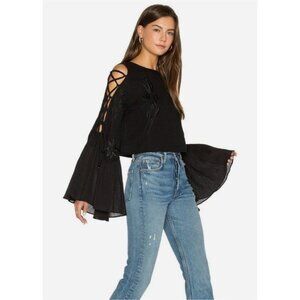 Alice McCall Embroidered Top Womens 4 Black Gauzy Bell Sleeve Open Shoulder Boho
